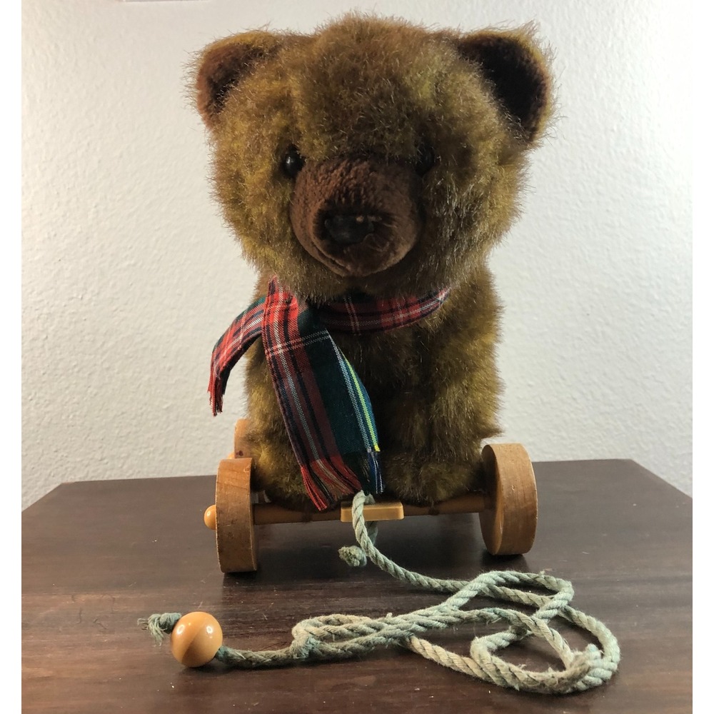 Vtg 1986 Applause Bear Pull Toy Plush 7"Brown Wood Wheels Original PullRope Read